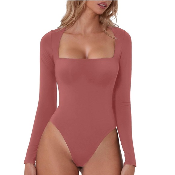 Qinsen Tops - Qinsen Square Neck Bodysuit Long Sleeve Double Lined Merlot XL